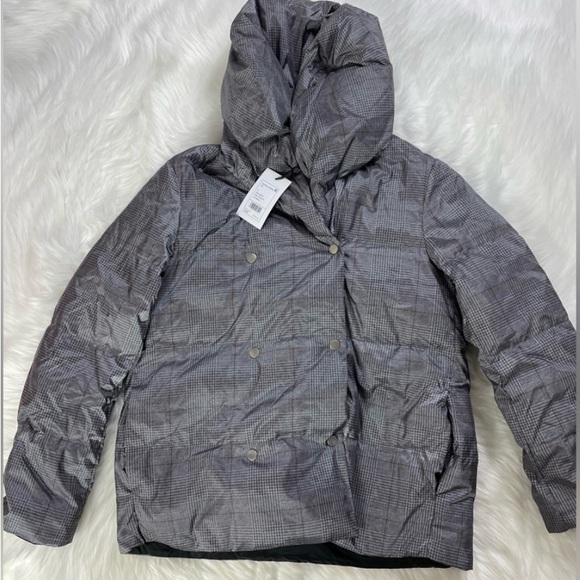 Theory Glen Plaid Shawl Puffer Coat In Gray Melange Sz S - Picture 5 of 6